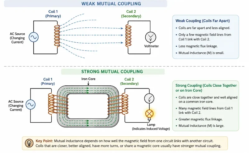 Comparison diagram showing weak mutual coupling between distant coils and strong mutual coupling between coils linked by an iron core