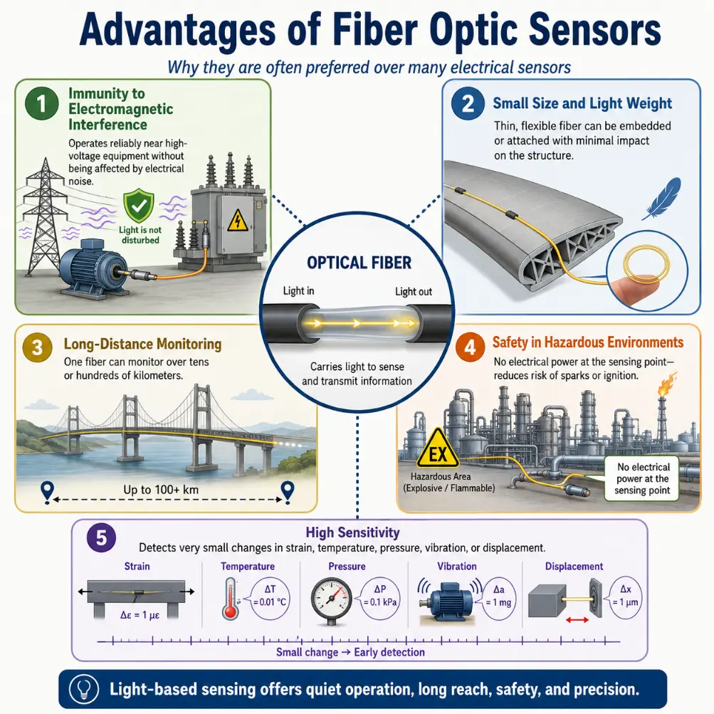 Infographic showing the main advantages of fiber optic sensors, including immunity to electromagnetic interference, small size and light weight, long-distance monitoring, safety in hazardous environments, and high sensitivity.