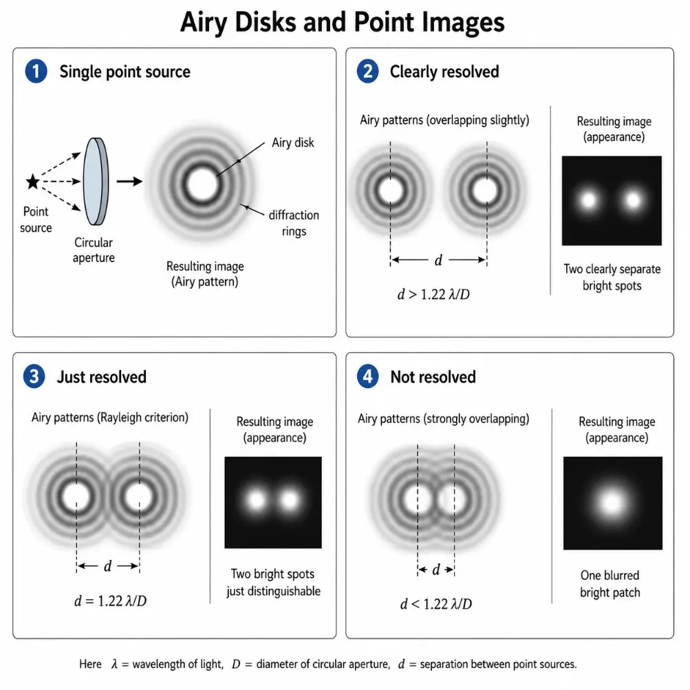 Infographic showing how a point source forms an Airy disk through a circular aperture, and how two point images may be clearly resolved, just resolved, or not resolved depending on Airy pattern overlap.