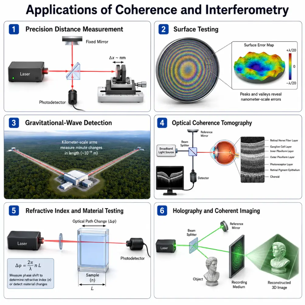 Educational infographic showing six applications of coherence and interferometry, including precision distance measurement, surface testing, gravitational-wave detection, optical coherence tomography, refractive index testing, and holography.