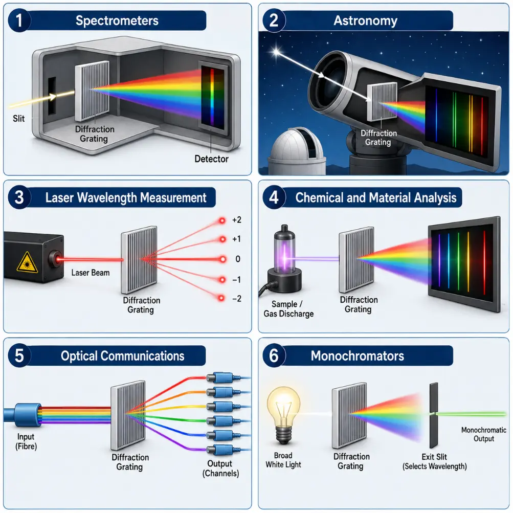Educational infographic showing six applications of diffraction gratings, including spectrometers, astronomy, laser wavelength measurement, chemical and material analysis, optical communications, and monochromators.