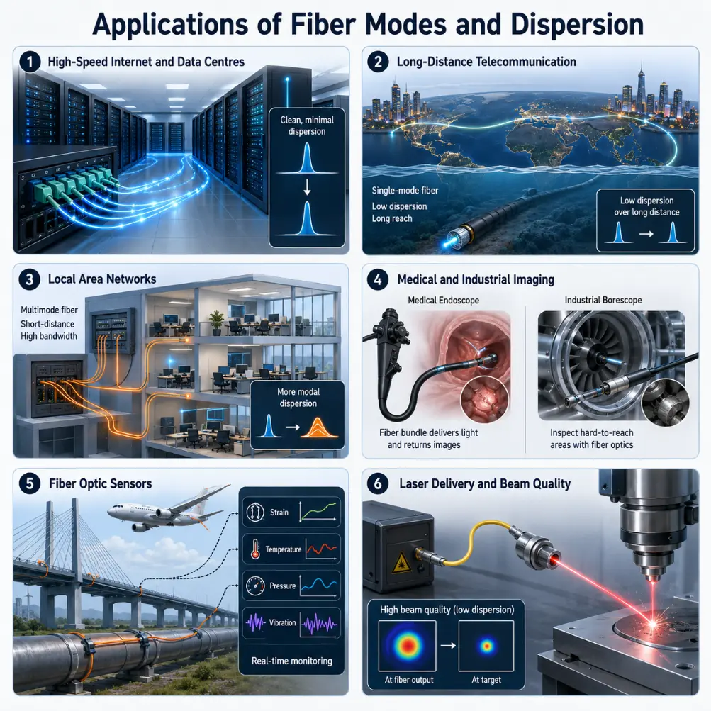 Infographic showing six applications of fiber modes and dispersion: high-speed internet and data centres, long-distance telecommunication, local area networks, medical and industrial imaging, fiber optic sensors, and laser delivery with beam quality control.
