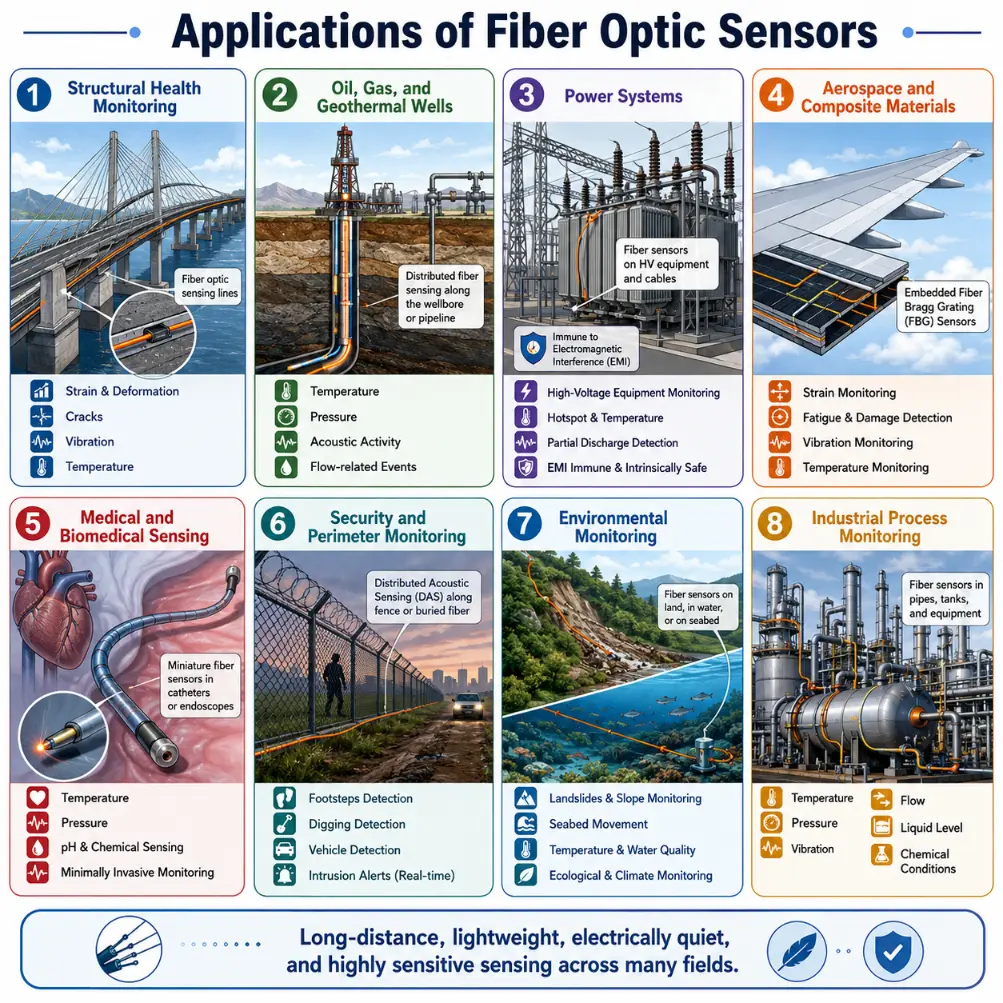 Infographic showing major applications of fiber optic sensors, including structural health monitoring, oil and gas wells, power systems, aerospace, medical sensing, security monitoring, environmental monitoring, and industrial process monitoring.
