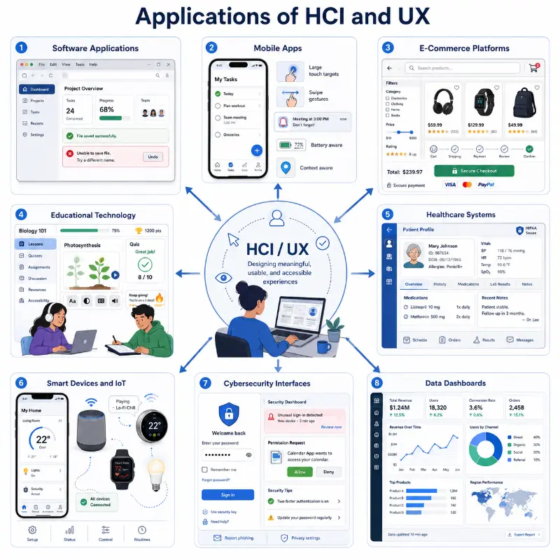 Infographic showing eight applications of HCI and UX: software applications, mobile apps, e-commerce platforms, educational technology, healthcare systems, smart devices and IoT, cybersecurity interfaces, and data dashboards.