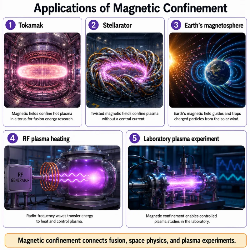 Artist’s impression infographic showing applications of magnetic confinement, including tokamak fusion research, stellarator plasma control, Earth’s magnetosphere, RF plasma heating, and laboratory plasma experiments.