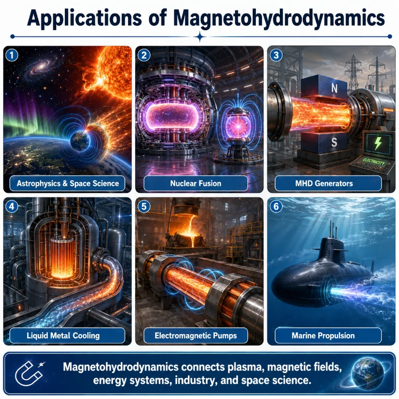 Artist’s-impression infographic showing six applications of magnetohydrodynamics: auroras and solar activity in space, fusion research, an MHD generator, liquid-metal cooling, electromagnetic pumping of molten metal, and marine propulsion.