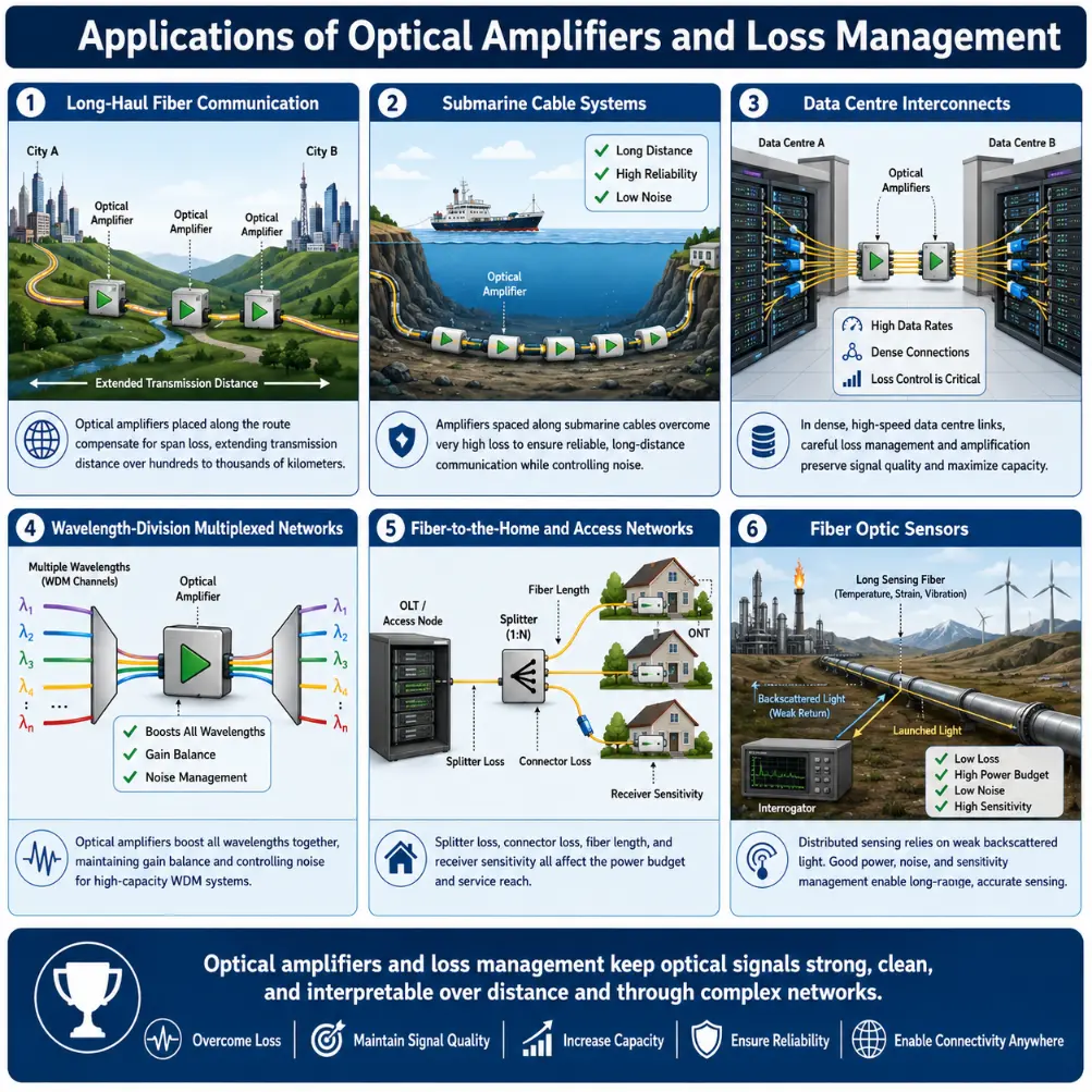 Infographic showing applications of optical amplifiers and loss management in long-haul fiber communication, submarine cable systems, data centre interconnects, wavelength-division multiplexed networks, fiber-to-the-home access networks, and fiber optic sensors.