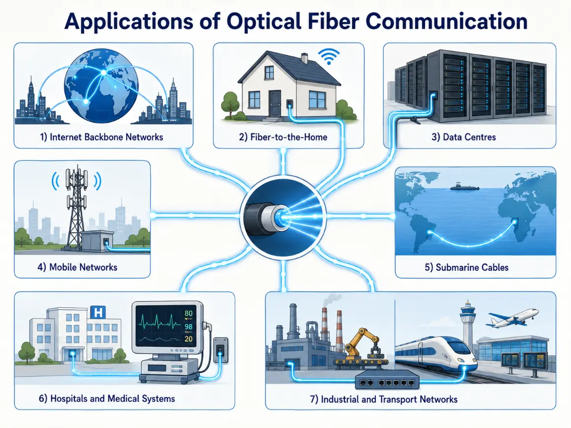 Simple infographic showing applications of optical fiber communication in internet backbone networks, fiber-to-the-home, data centres, mobile networks, submarine cables, hospitals, and industrial and transport networks.
