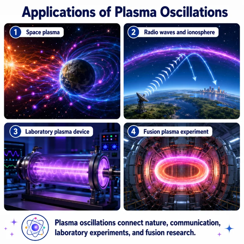 Artist’s-impression infographic showing applications of plasma oscillations in space plasma, radio-wave interaction with the ionosphere, laboratory plasma devices, and fusion plasma experiments.