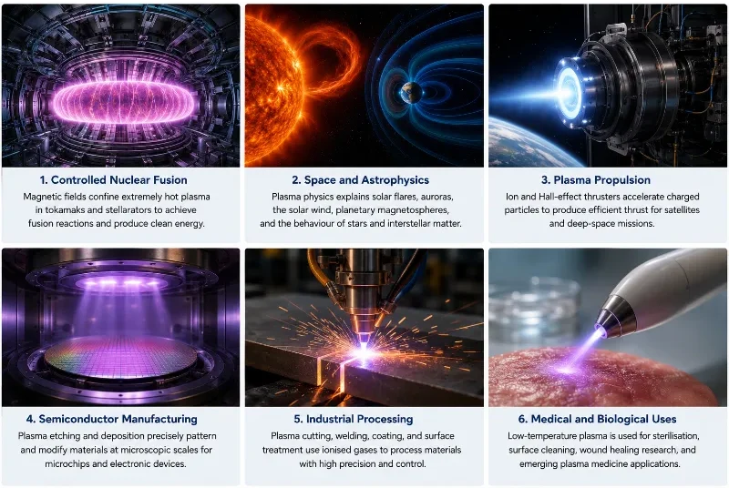 Artist’s-impression infographic showing applications of plasma physics in controlled nuclear fusion, space and astrophysics, plasma propulsion, semiconductor manufacturing, industrial processing, and medical uses.