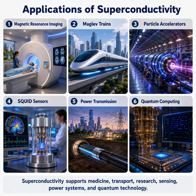 Artist’s-impression infographic showing applications of superconductivity in MRI scanners, maglev trains, particle accelerators, SQUID sensors, power transmission, and quantum computing.
