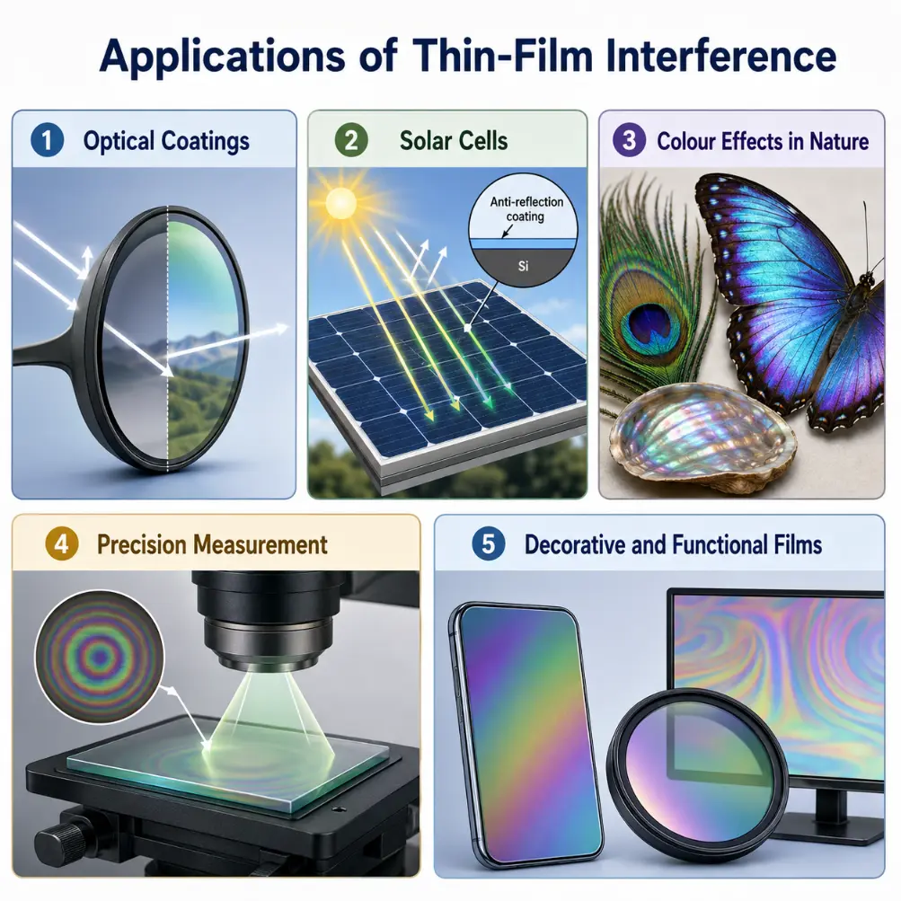 Infographic showing five applications of thin-film interference: optical coatings, solar cells, colour effects in nature, precision measurement, and decorative and functional films.