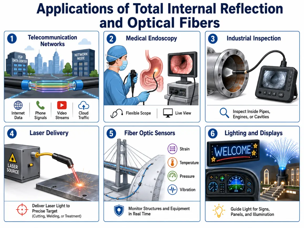 Infographic showing six applications of total internal reflection and optical fibers: telecommunication networks, medical endoscopy, industrial inspection, laser delivery, fiber optic sensors, and lighting and displays.
