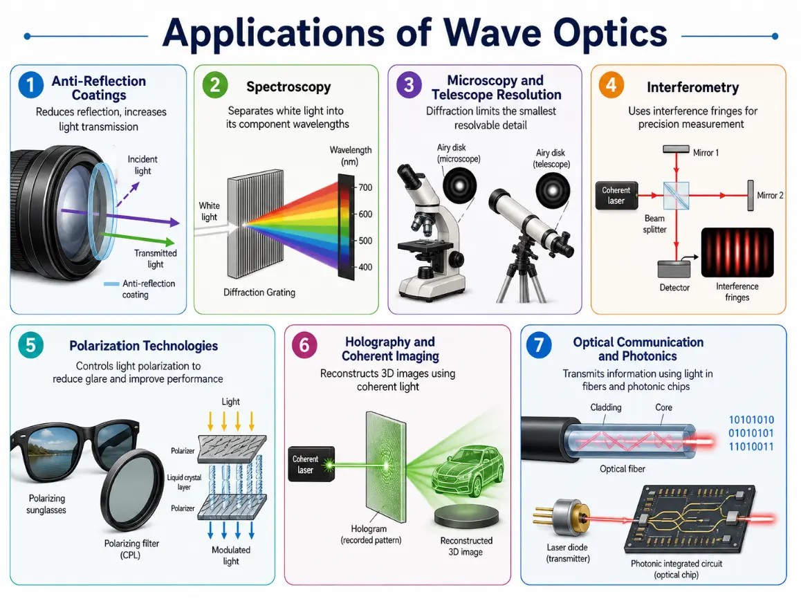 Infographic showing seven applications of wave optics: anti-reflection coatings, spectroscopy, microscopy and telescope resolution, interferometry, polarization technologies, holography and coherent imaging, and optical communication and photonics.