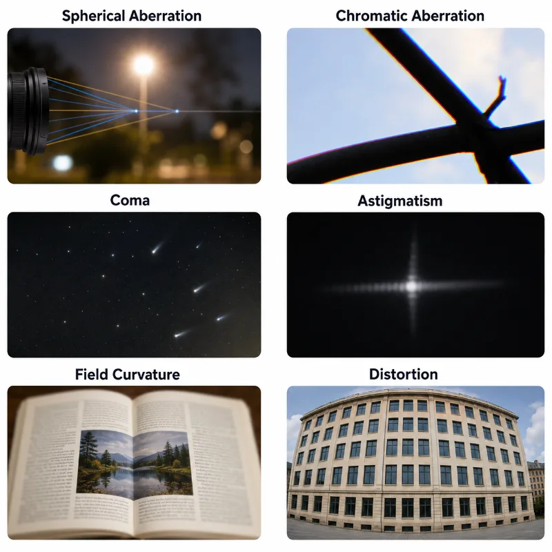 Six-panel illustration showing artist’s impressions of spherical aberration, chromatic aberration, coma, astigmatism, field curvature, and distortion.