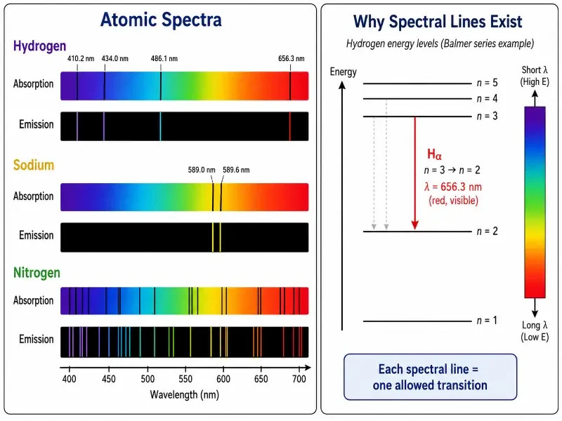 Educational diagram showing absorption and emission spectra for hydrogen, sodium, and nitrogen, alongside a hydrogen energy-level diagram explaining the H-alpha Balmer transition from n = 3 to n = 2.