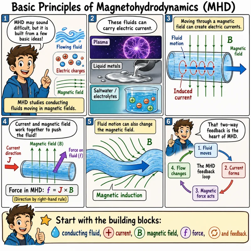Comic-style educational illustration explaining magnetohydrodynamics through conducting fluids, electric currents, magnetic fields, Lorentz force, magnetic induction, and feedback.