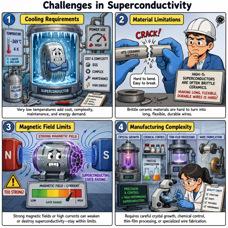 Comic-style illustration showing four main challenges in superconductivity: cooling requirements, material limitations, magnetic field limits, and manufacturing complexity.