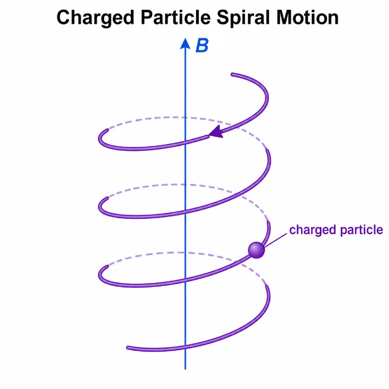 Simple educational diagram showing a charged particle moving in a spiral path around a magnetic field direction B, with an arrow on the spiral indicating the direction of motion.