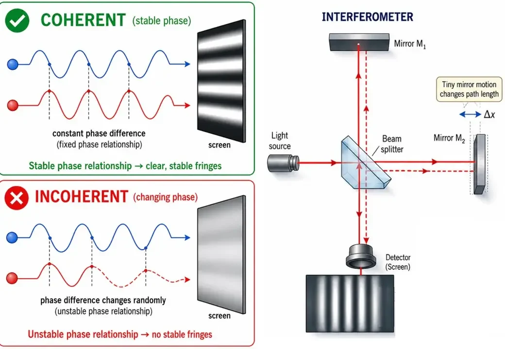 Educational diagram comparing coherent and incoherent waves, showing how stable phase relationships produce clear fringes and how an interferometer uses fringe shifts to measure tiny path changes.