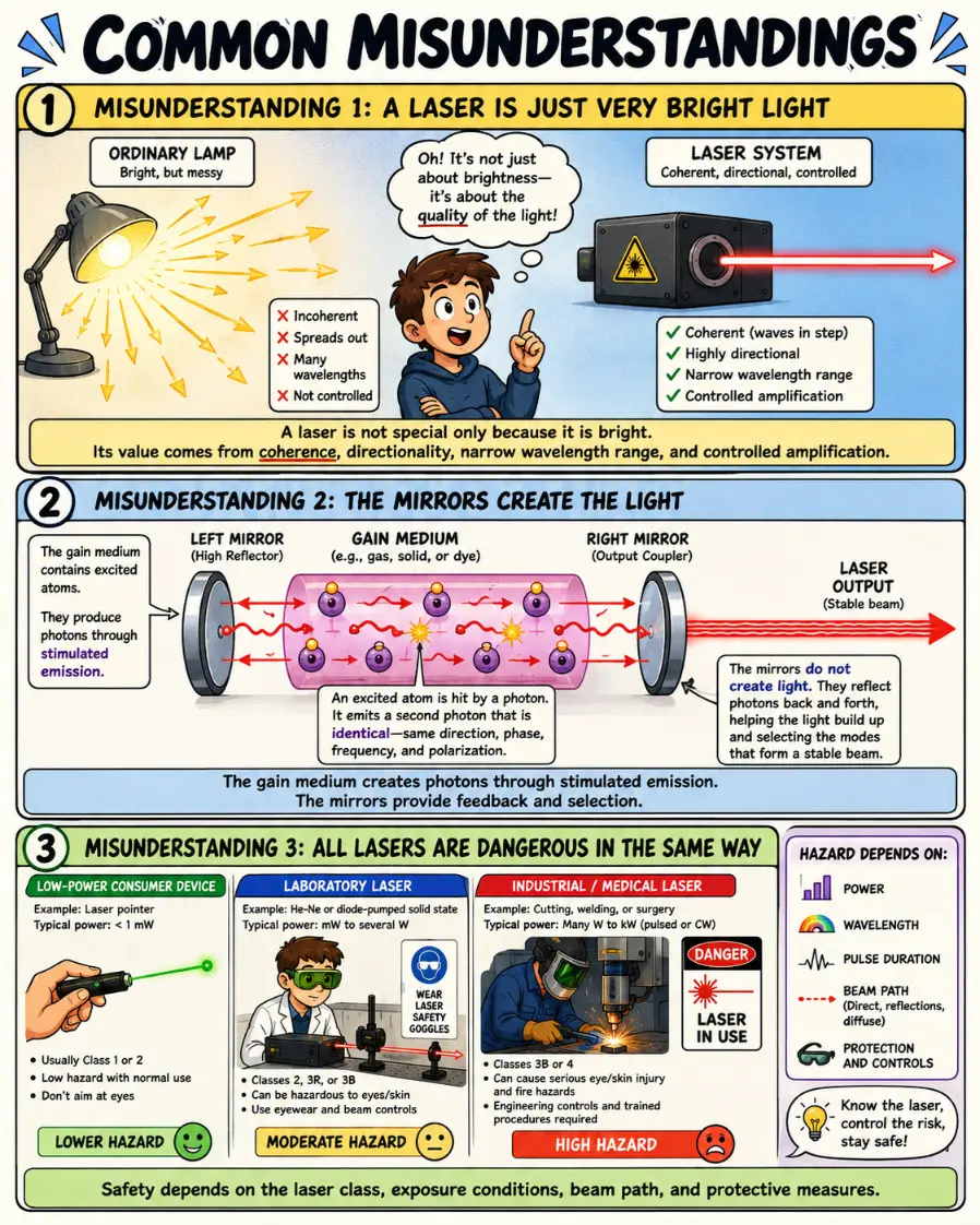 Comic-style educational infographic explaining three common misunderstandings about lasers: lasers are not just bright light, mirrors do not create the light, and laser hazards vary by type and use.