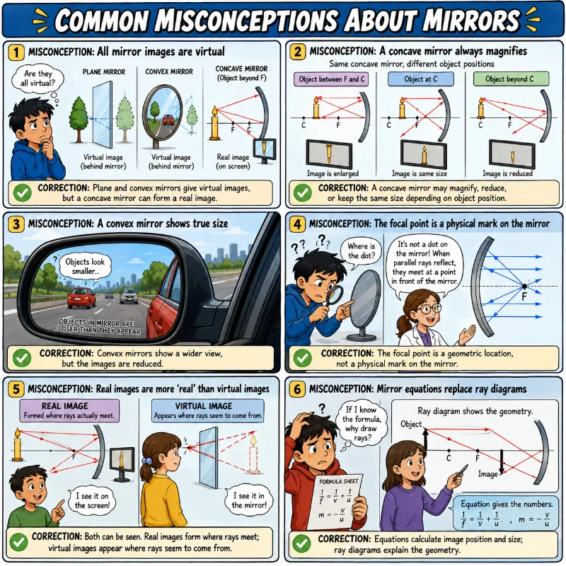 Educational comic explaining common misconceptions about mirror image formation, including real and virtual images, concave and convex mirrors, focal points, and ray diagrams.