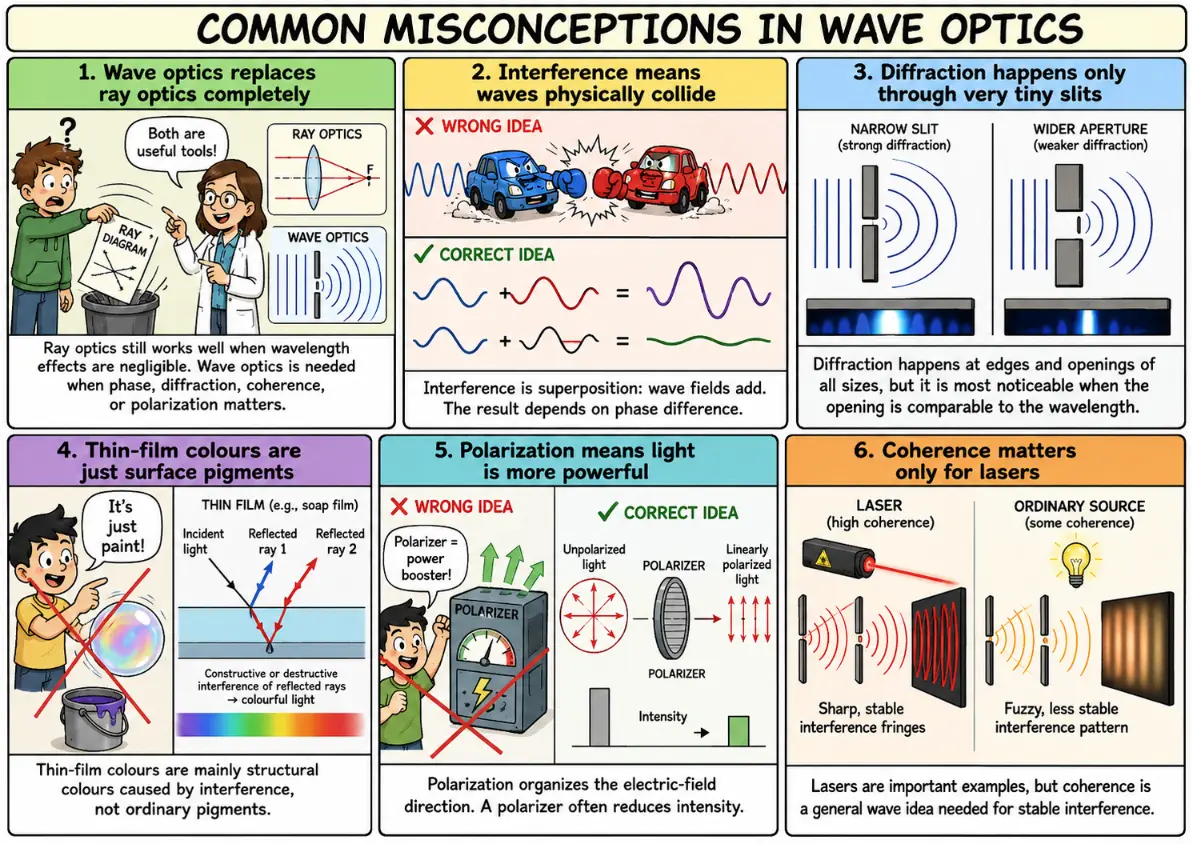 Comic-style infographic showing six common misconceptions in wave optics and the correct ideas about ray optics, interference, diffraction, thin-film colours, polarization, and coherence.