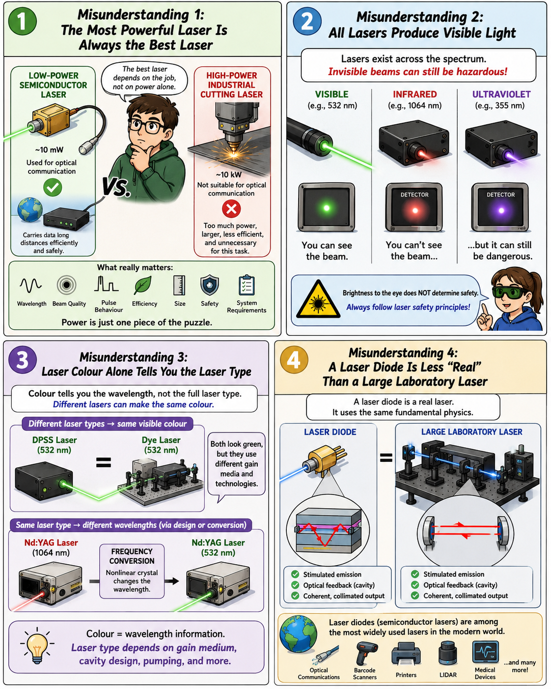 Comic-style educational infographic explaining four misunderstandings about laser types, including power, visible and invisible light, colour, and laser diodes.
