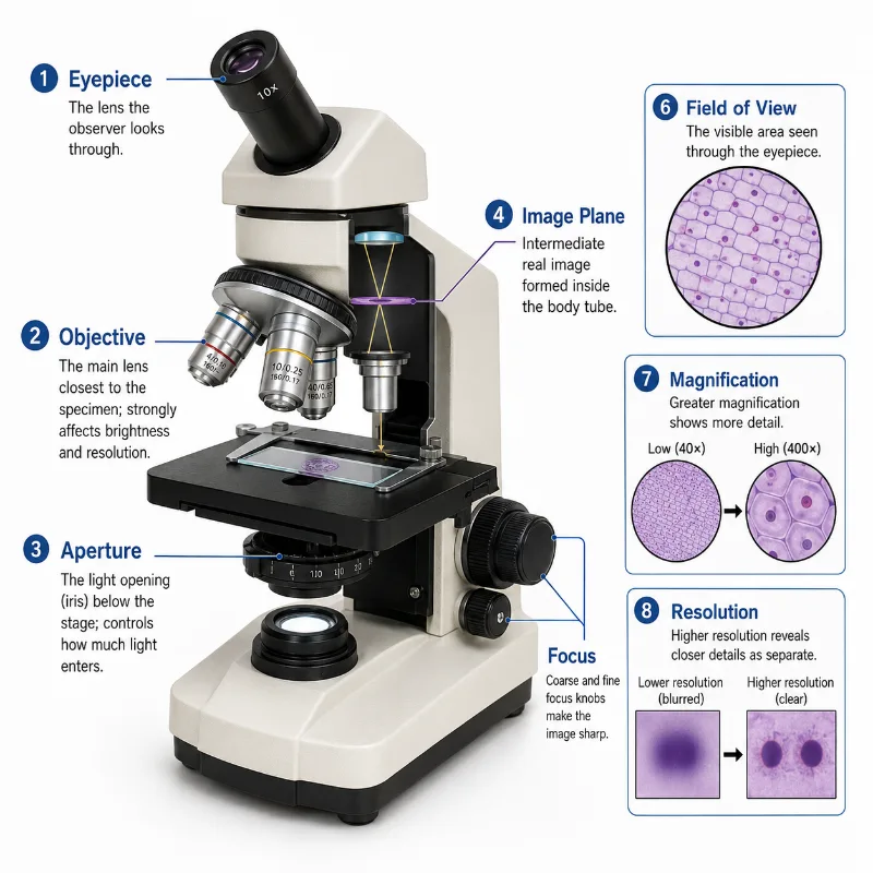 Educational diagram of a compound optical microscope showing the eyepiece, objective, aperture, image plane, focus knobs, field of view, magnification, and resolution.