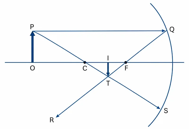 Ray diagram showing an object before a concave mirror, with one ray parallel to the principal axis reflecting through the focal point and another ray through the centre of curvature reflecting back along the same path.