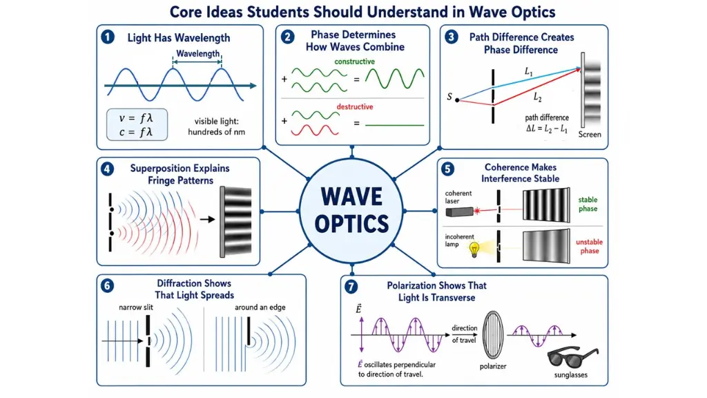 Infographic showing seven core ideas in wave optics: wavelength, phase, path difference, superposition, coherence, diffraction, and polarization.