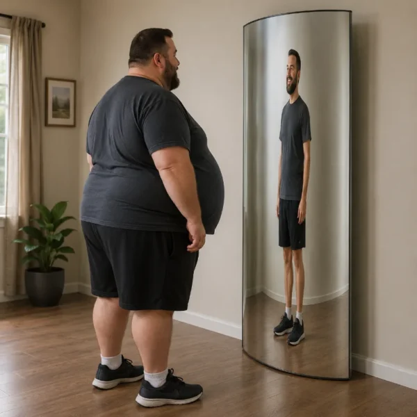 Artist impression of a larger-built person standing in front of a vertically curved mirror, with an upright virtual image that appears narrower while keeping roughly the same height.