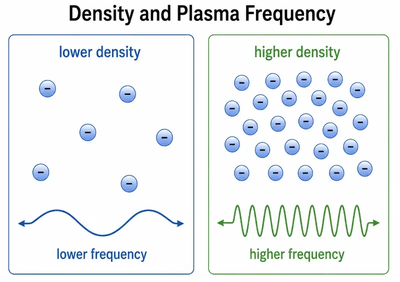 Two-panel educational diagram comparing lower electron density with lower plasma frequency and higher electron density with higher plasma frequency.