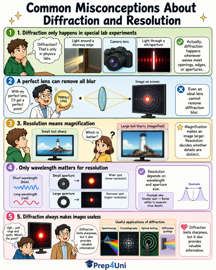 Comic-style educational infographic correcting five common misconceptions about diffraction and resolution, including laboratory-only diffraction, perfect lenses, magnification versus resolution, wavelength versus aperture size, and the usefulness of diffraction.