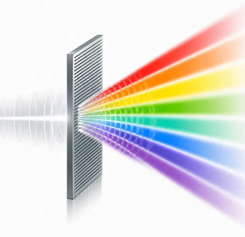 Illustration showing white light passing through a diffraction grating with horizontal grooves and separating into coloured beams according to wavelength.
