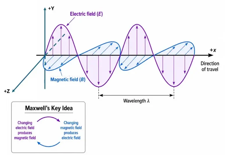 Educational diagram showing an electromagnetic wave travelling in the positive x direction, with the electric field oscillating along the y direction and the magnetic field oscillating along the z direction.