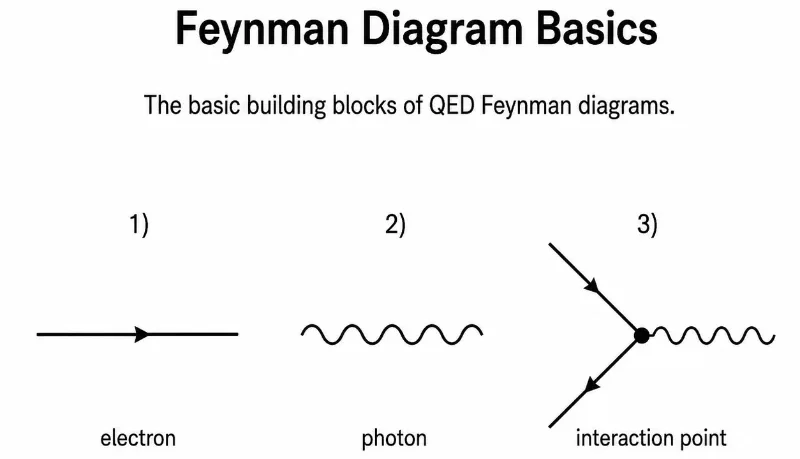 Simple educational diagram showing a straight electron line, a wavy photon line, and an interaction point where they meet in a basic Feynman diagram.