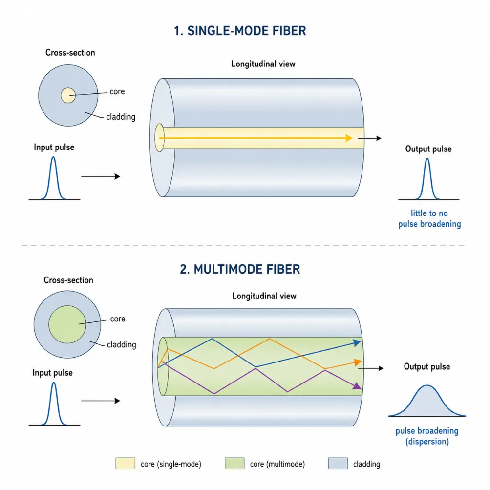 Diagram comparing single-mode and multimode optical fibers, showing one guided path with little pulse broadening in single-mode fiber and several guided paths causing pulse broadening in multimode fiber.