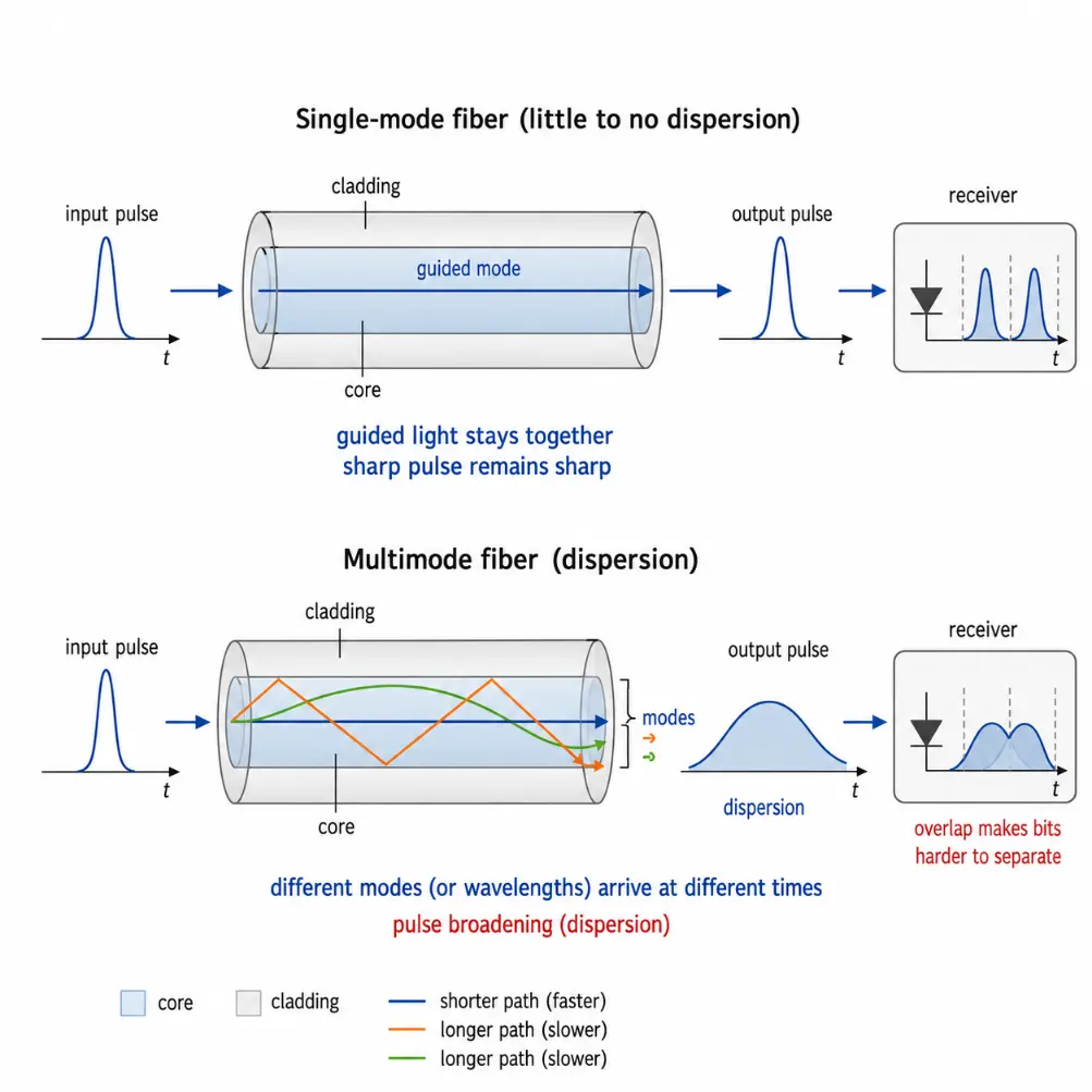 Diagram comparing single-mode and multimode optical fibers, showing a narrow input pulse, guided light paths, and how pulse broadening from dispersion makes output pulses wider in multimode fiber.