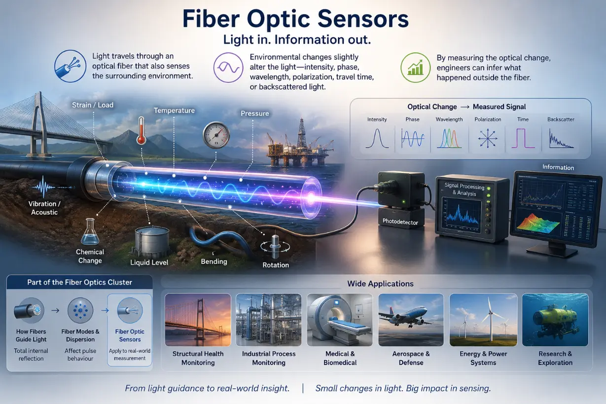 Artist’s impression of a fiber optic sensor system showing light travelling through an optical fiber while strain, temperature, pressure, vibration, bending, rotation, chemical change, liquid level, and acoustic signals alter the optical signal.