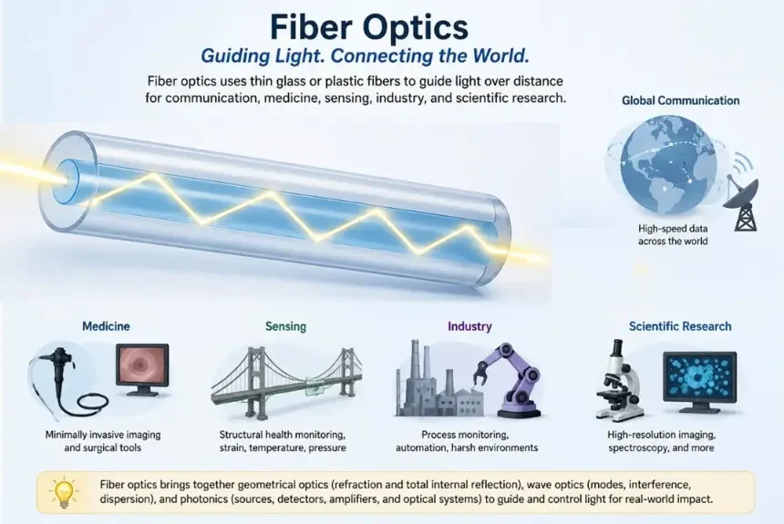 Educational infographic showing light guided through an optical fiber by total internal reflection, with applications in global communication, medicine, sensing, industry, and scientific research.
