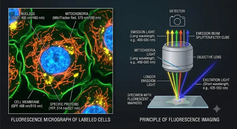 A split-pane infographic showing a colorful fluorescence micrograph of a cell on the left and a diagram of the excitation and emission light pathways on the right.