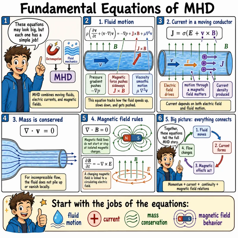 Comic-style educational illustration introducing the fundamental equations of magnetohydrodynamics, including the Navier–Stokes equation with magnetic force, Ohm’s law for a moving conductor, the continuity equation, and simplified Maxwell equations.