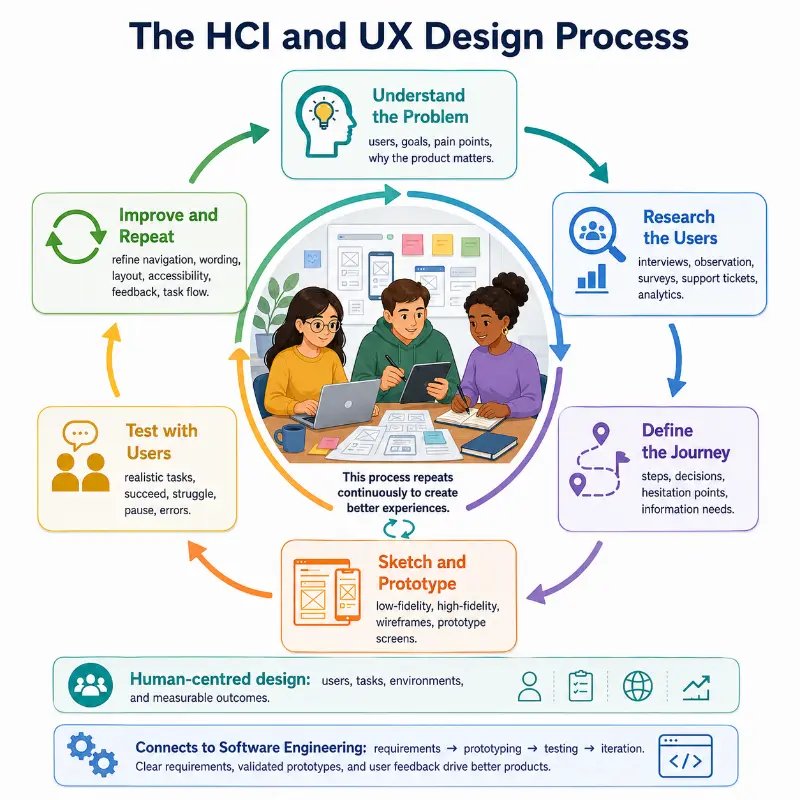 Infographic showing the HCI and UX design process as a repeating cycle: understand the problem, research the users, define the journey, sketch and prototype, test with users, and improve and repeat.