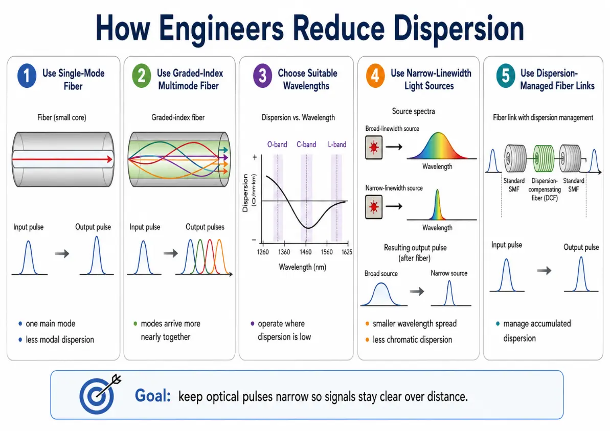 Infographic showing five ways engineers reduce dispersion in fiber systems: using single-mode fiber, using graded-index multimode fiber, choosing suitable wavelengths, using narrow-linewidth light sources, and using dispersion-managed fiber links.