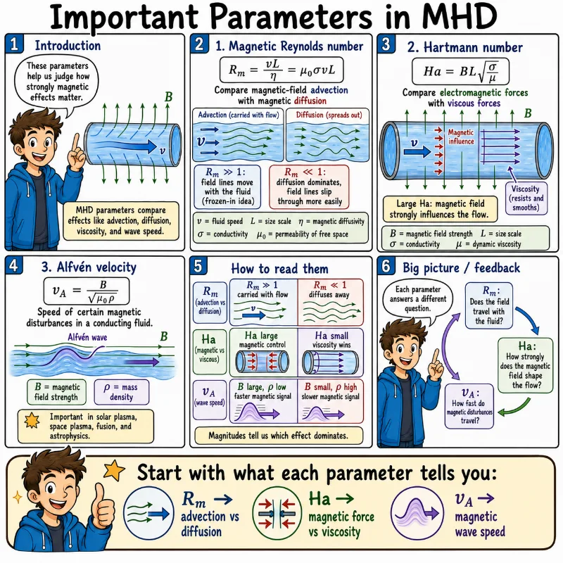 Comic-style educational illustration explaining important magnetohydrodynamics parameters, including the magnetic Reynolds number, Hartmann number, and Alfvén velocity, with simple visual comparisons and student-friendly summaries.
