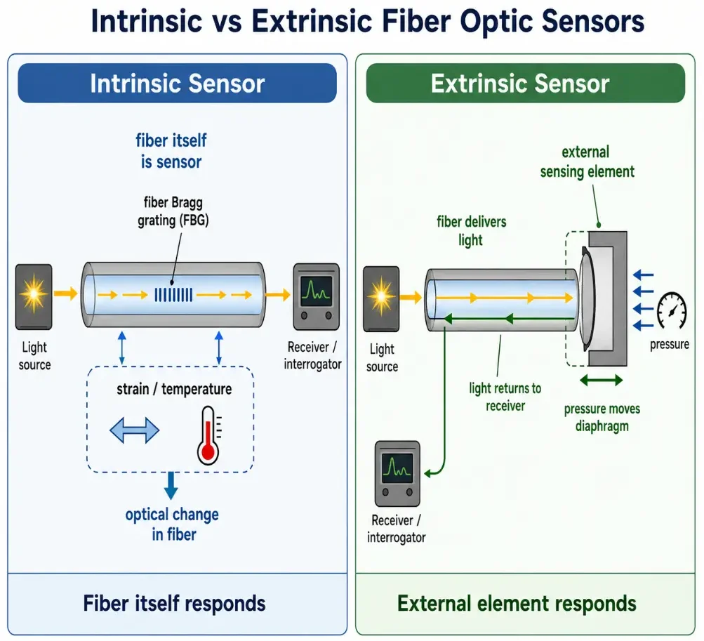 This diagram compares intrinsic and extrinsic fiber optic sensors, showing whether the fiber itself responds to the measured quantity or whether it carries light to a separate sensing element.