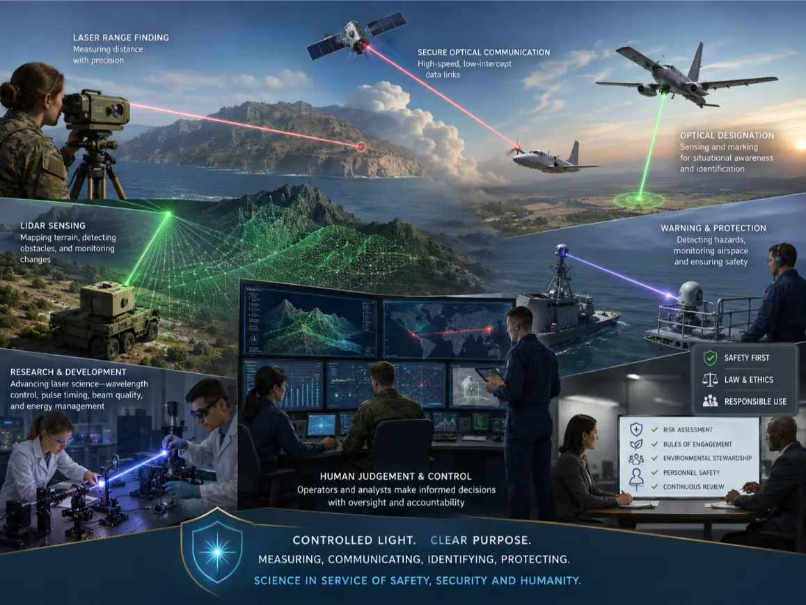 Artist’s impression of laser applications in defense showing range finding, lidar sensing, optical communication, warning systems, research, and ethical oversight.