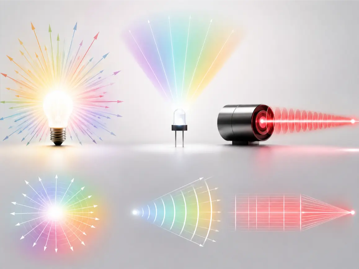 Artist’s impression comparing an ordinary light source, an LED, and a laser beam, showing the difference between widely spreading light, more limited spreading light, and a narrow organised beam.