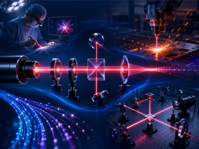Artist’s impression of laser optics showing a coherent laser beam passing through optical components, with visual references to medicine, manufacturing, fibre-optic communication, and scientific research.